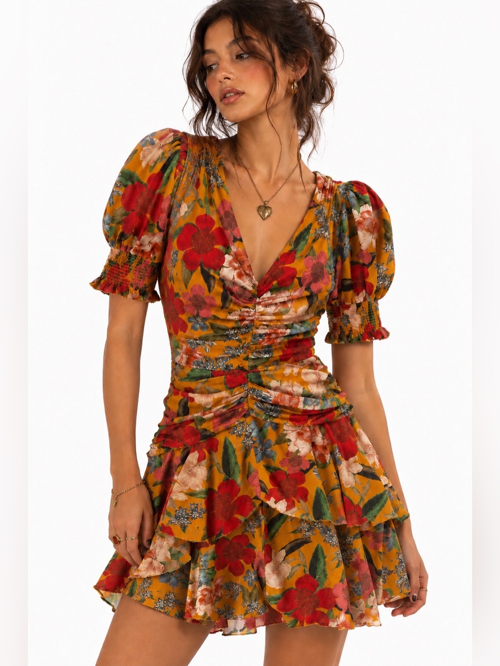 Nicholas Puff Sleeve Pintuck Floral Mini Dress Tangerine Multi Size 0